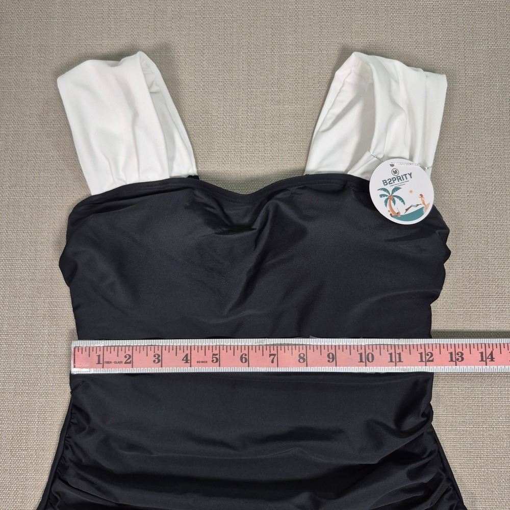B2prity Womens One Piece Swimsuit Tummy Control Black White Ruched Medium - Picture 4 of 9